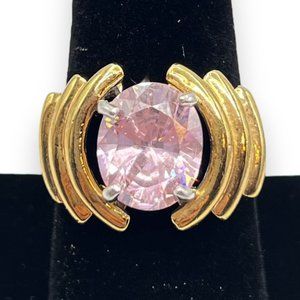 '80s Vtg Costume Jewelry Cocktail Ring - 18KT GF Yellow Gold Filled & PINK CZ